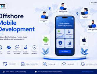 Offshore mobile development services illustration showing a mobile app, global development team, Android and iOS platforms, scalable solutions, quality assurance, deployment, and ongoing support with TFT US branding