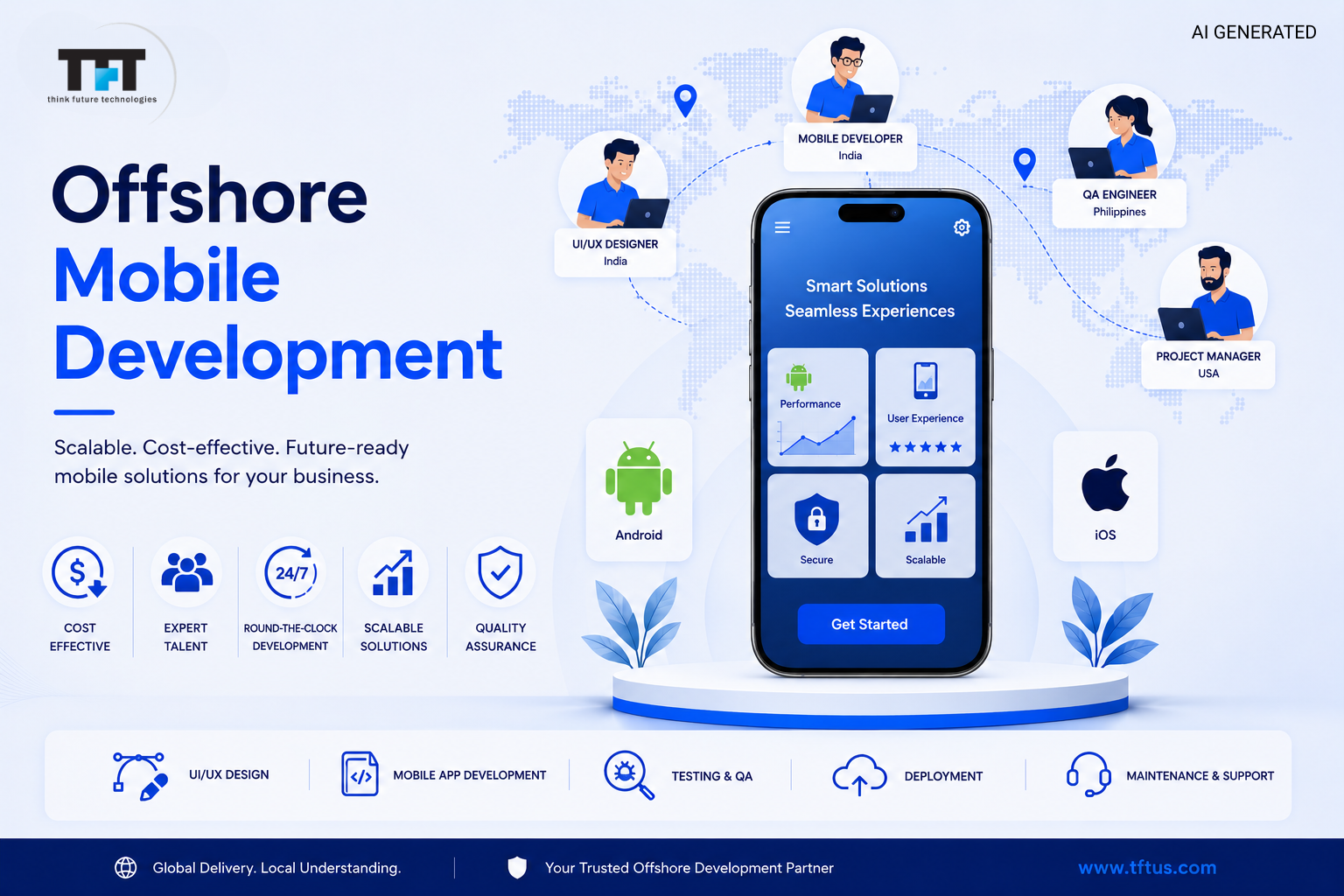 Offshore Mobile Development: A Complete Guide to Building Apps Globally 1 Offshore mobile development services illustration showing a mobile app, global development team, Android and iOS platforms, scalable solutions, quality assurance, deployment, and ongoing support with TFT US branding