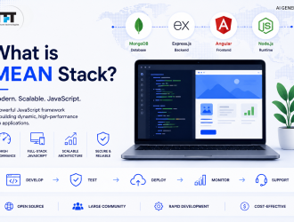 Featured image explaining what MEAN Stack is, showing MongoDB, Express.js, Angular, and Node.js as the core technologies behind a full-stack JavaScript architecture, with development, testing, deployment, monitoring, and support workflows, and TFT US branding