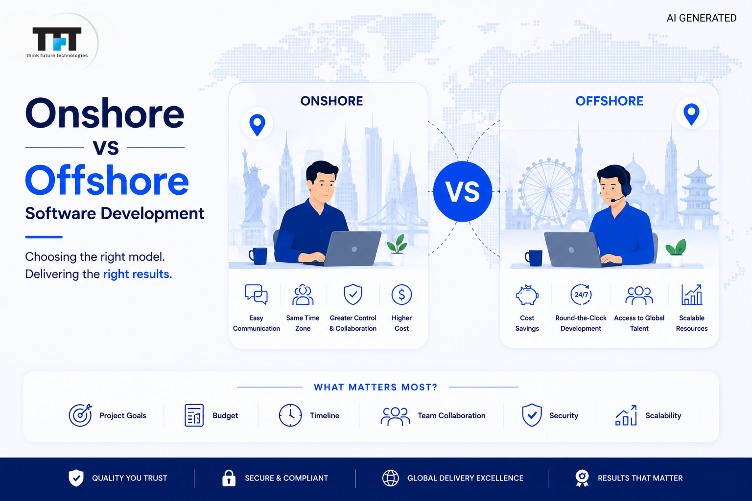 Onshore vs Offshore Software Development: A Complete Comparison Guide 1 Onshore vs offshore software development comparison showing onshore benefits such as easy communication, shared time zones, greater control, and offshore benefits including cost savings, global talent, round-the-clock development, and scalability, with TFT US branding