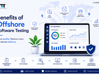 Benefits of offshore software testing illustration showing cost savings, round-the-clock testing, global talent, scalability, quality assurance, secure testing, and a structured software testing workflow with TFT US branding