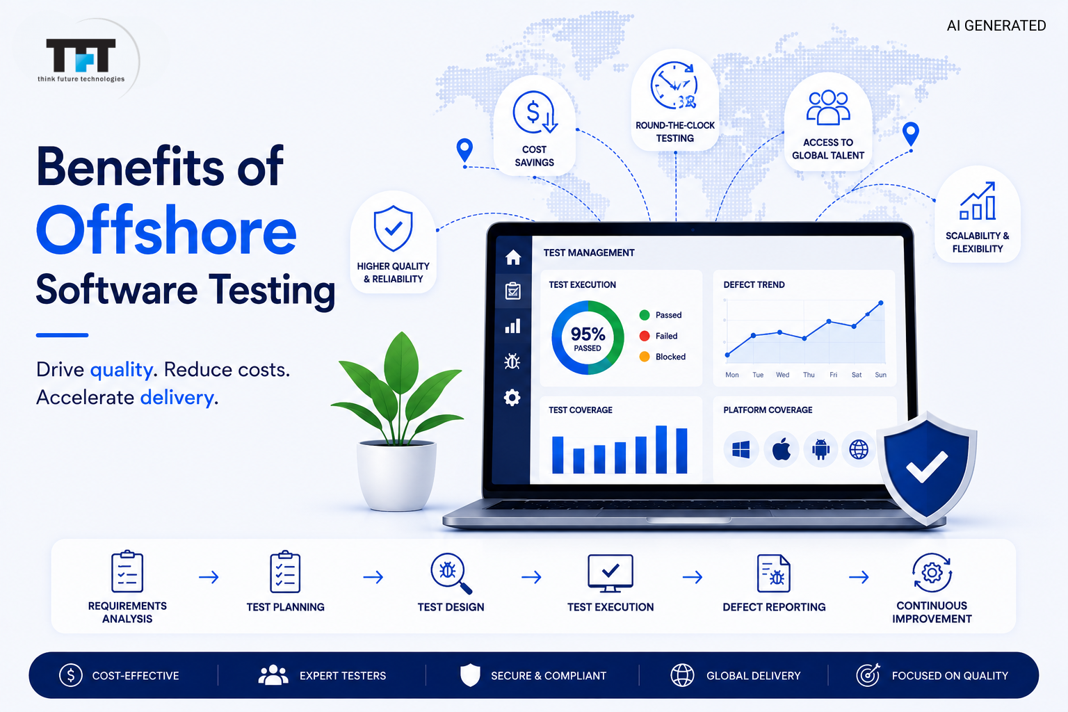 Benefits of offshore software testing illustration showing cost savings, round-the-clock testing, global talent, scalability, quality assurance, secure testing, and a structured software testing workflow with TFT US branding
