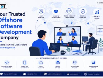 Offshore software development company illustration showing a globally connected development team, cost efficiency, global talent, round-the-clock development, scalable solutions, secure collaboration, and services including custom software, mobile app, cloud, DevOps, QA testing, and maintenance, with TFT US branding