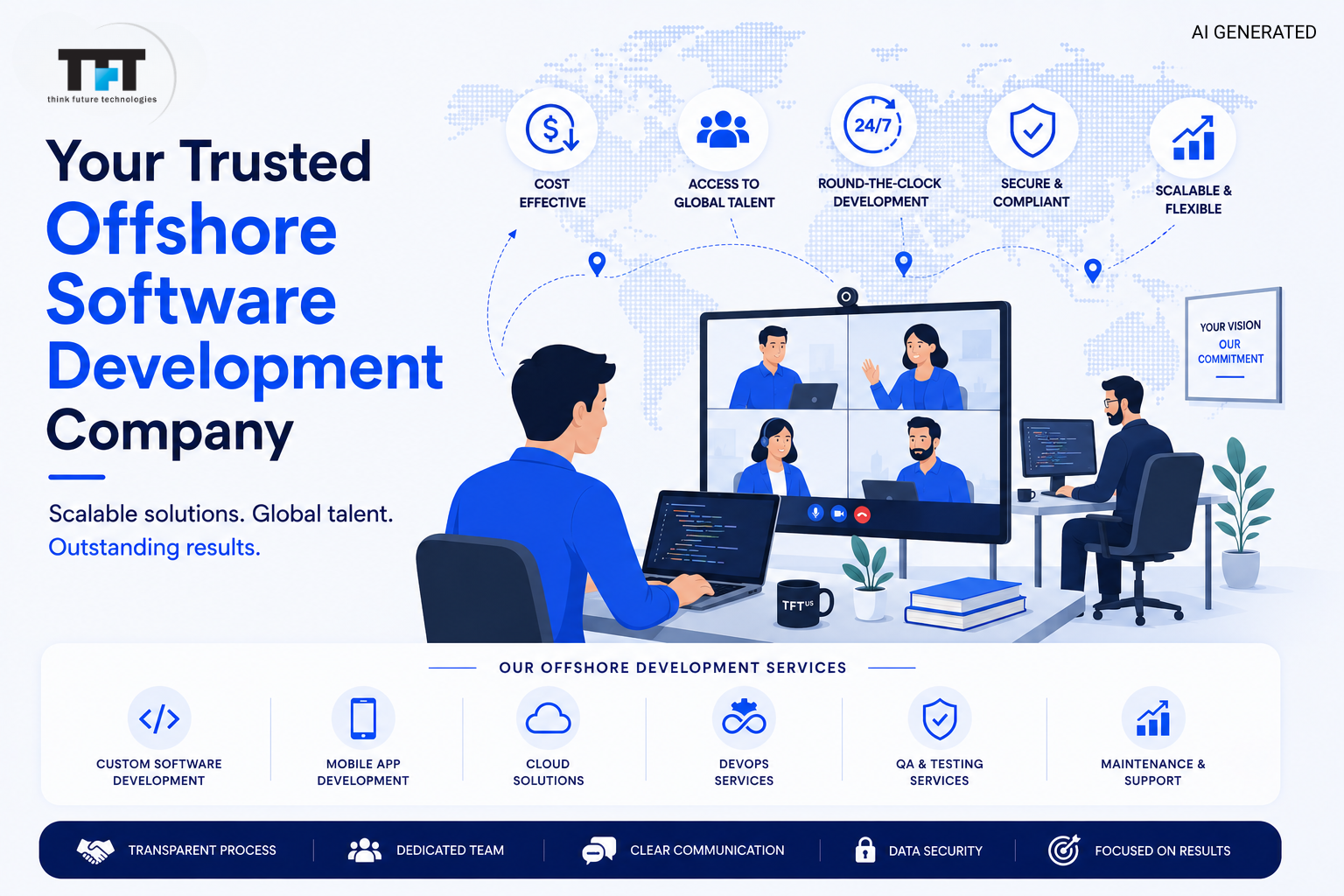Offshore Software Development Company: Agile Testing & App Development 1 Offshore software development company illustration showing a globally connected development team, cost efficiency, global talent, round-the-clock development, scalable solutions, secure collaboration, and services including custom software, mobile app, cloud, DevOps, QA testing, and maintenance, with TFT US branding