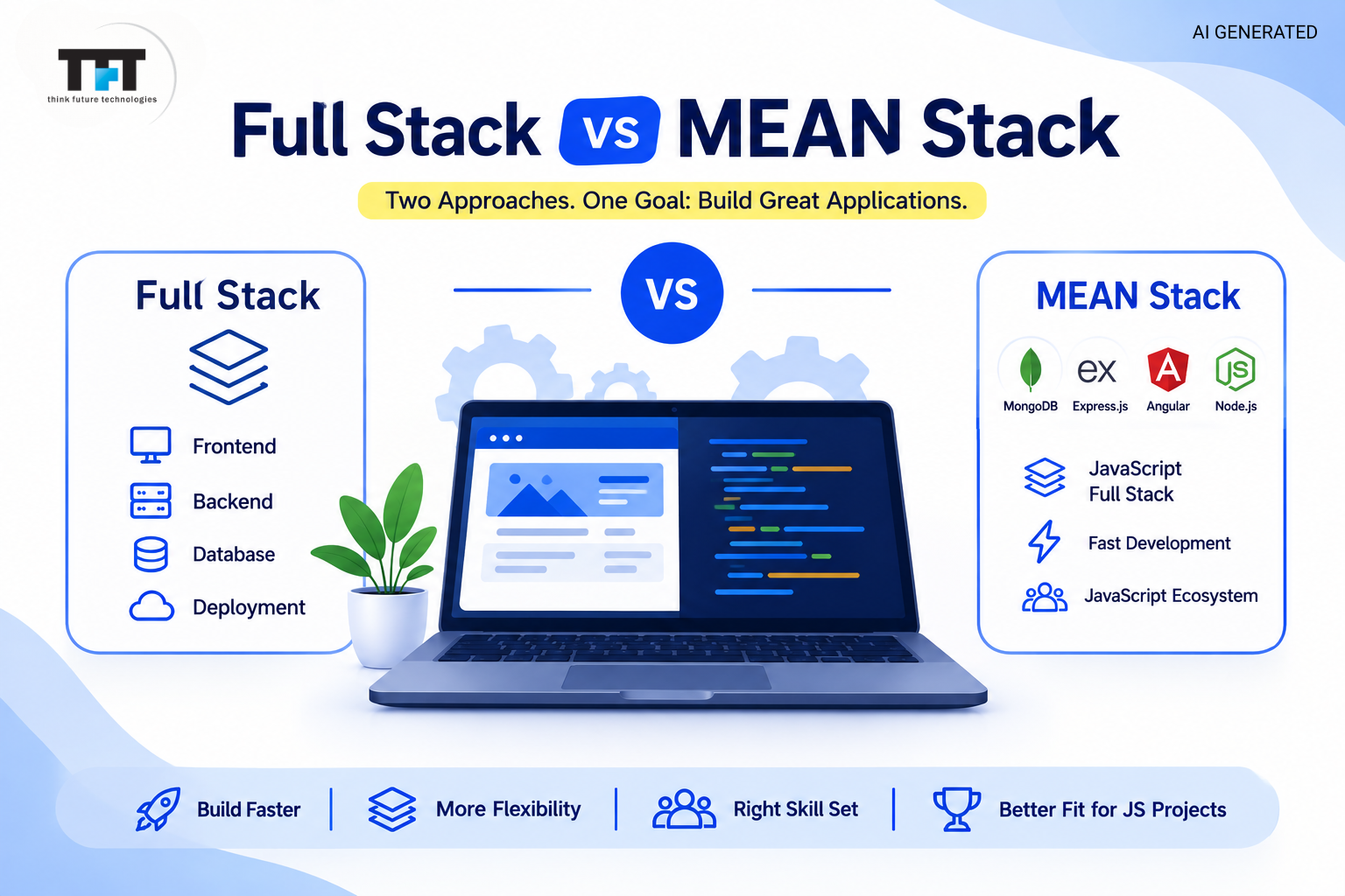 Full Stack vs MEAN Stack comparison showing frontend, backend, database, and deployment in Full Stack alongside MongoDB, Express.js, Angular, and Node.js in MEAN Stack, with TFT US branding