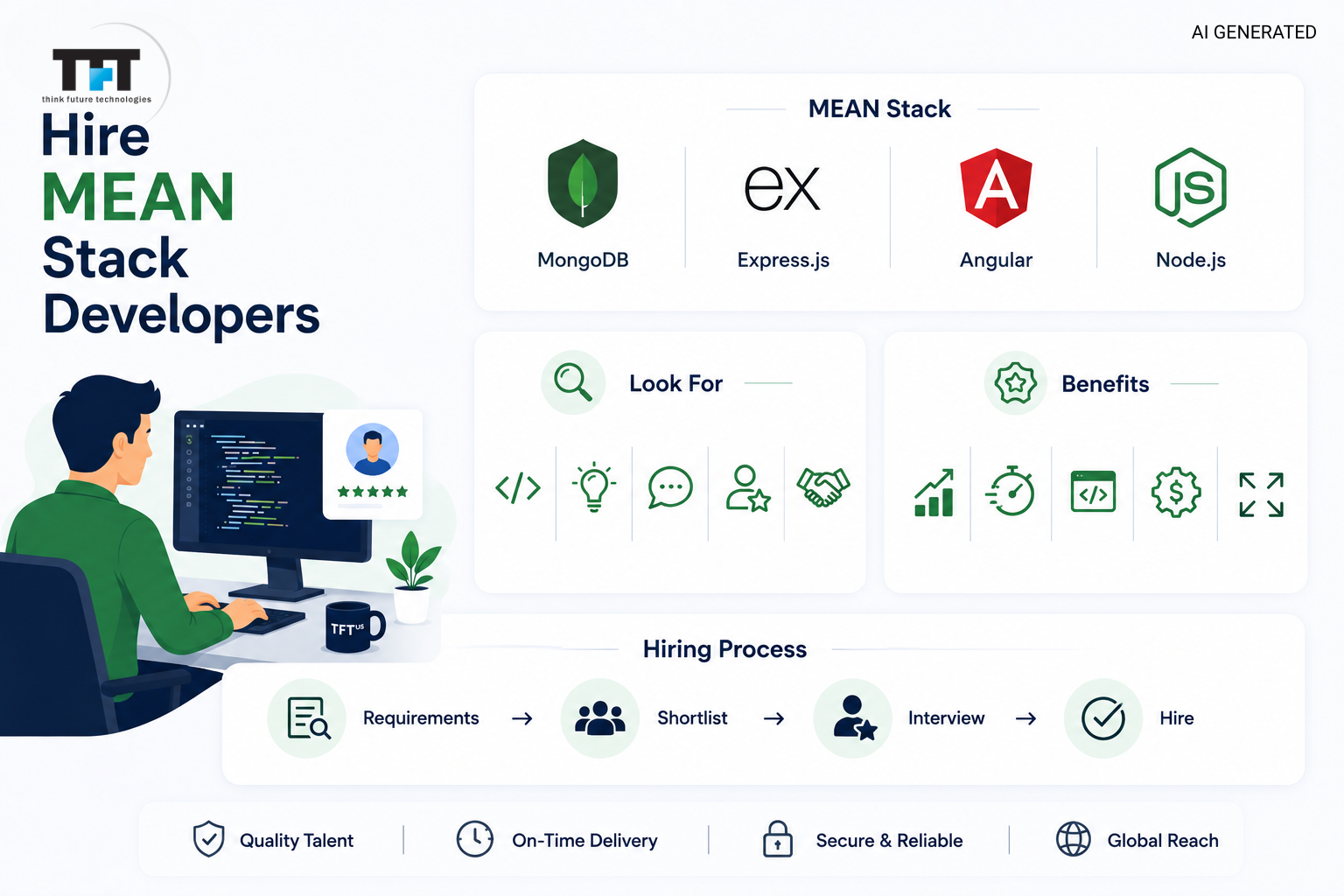 Hire MEAN Stack Developers to Build Scalable Web Applications 1 Hire MEAN Stack developers illustration showing MongoDB, Express.js, Angular, and Node.js, with key hiring criteria, benefits, and a simple hiring process from requirements to onboarding