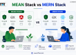 MEAN Stack vs MERN Stack comparison showing MongoDB, Express.js, Angular, Node.js and React, with developers using laptops and visuals highlighting frontend choice, performance, ecosystem, and project fit, with TFT US branding
