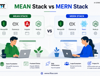 MEAN Stack vs MERN Stack comparison showing MongoDB, Express.js, Angular, Node.js and React, with developers using laptops and visuals highlighting frontend choice, performance, ecosystem, and project fit, with TFT US branding