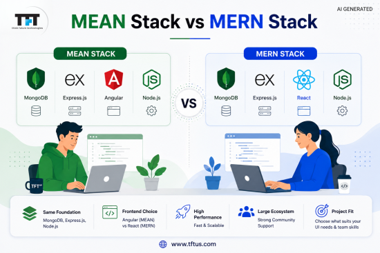 MEAN Stack vs MERN Stack comparison showing MongoDB, Express.js, Angular, Node.js and React, with developers using laptops and visuals highlighting frontend choice, performance, ecosystem, and project fit, with TFT US branding