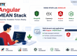 Angular MEAN Stack illustration showing MongoDB, Express.js, Angular, and Node.js, with a developer using a laptop and visuals highlighting high performance, scalability, faster development, security, and community support