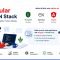 Angular MEAN Stack illustration showing MongoDB, Express.js, Angular, and Node.js, with a developer using a laptop and visuals highlighting high performance, scalability, faster development, security, and community support