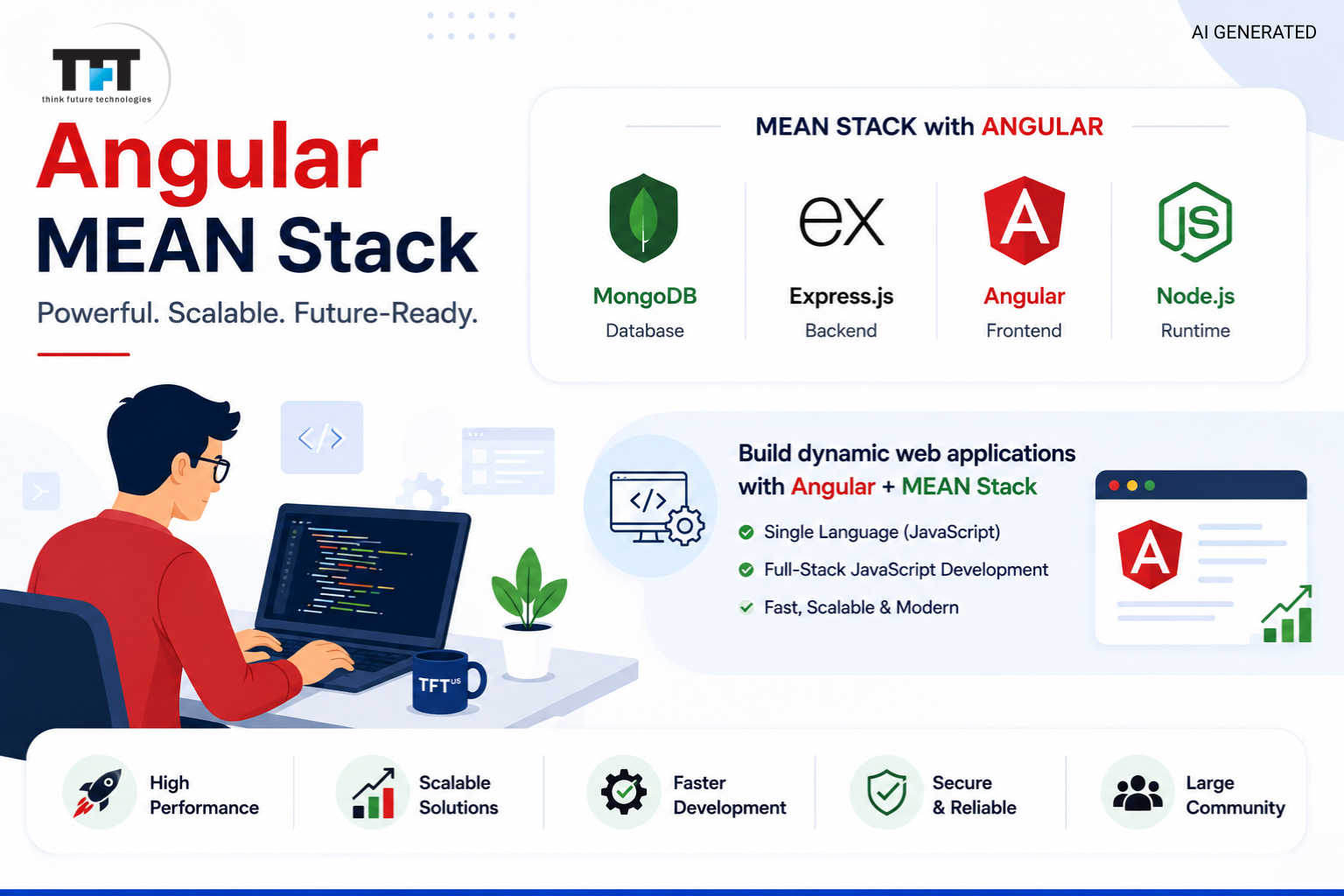Angular MEAN Stack: The Complete Guide to Modern Full-Stack Development 1 Angular MEAN Stack illustration showing MongoDB, Express.js, Angular, and Node.js, with a developer using a laptop and visuals highlighting high performance, scalability, faster development, security, and community support