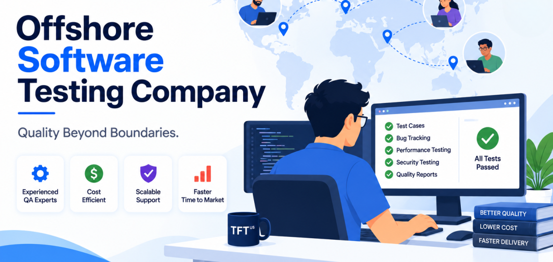 An promotional graphic for Think Future Technologies (TFT) titled "Offshore Software Testing Company" with the tagline "Quality Beyond Boundaries."