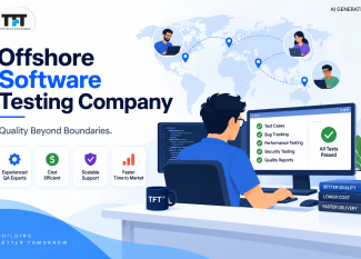 An promotional graphic for Think Future Technologies (TFT) titled "Offshore Software Testing Company" with the tagline "Quality Beyond Boundaries."