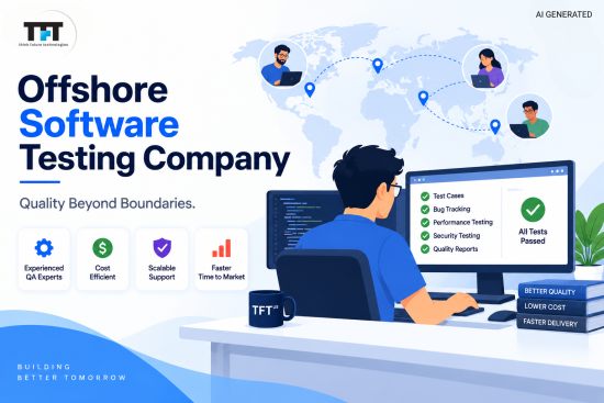 An promotional graphic for Think Future Technologies (TFT) titled "Offshore Software Testing Company" with the tagline "Quality Beyond Boundaries."