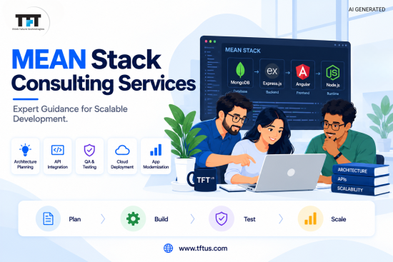 MEAN Stack consulting services illustration showing MongoDB, Express.js, Angular, and Node.js with a collaborative development team, consulting services, and a Plan–Build–Test–Scale workflow, with TFT US branding.