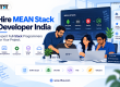 Hire MEAN Stack developers in India illustration showing MongoDB, Express.js, Angular, and Node.js, with a collaborative development team, hiring workflow, and scalable web development services, with TFT US branding.