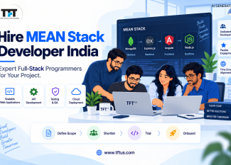 Hire MEAN Stack developers in India illustration showing MongoDB, Express.js, Angular, and Node.js, with a collaborative development team, hiring workflow, and scalable web development services, with TFT US branding.