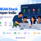 Hire MEAN Stack developers in India illustration showing MongoDB, Express.js, Angular, and Node.js, with a collaborative development team, hiring workflow, and scalable web development services, with TFT US branding.
