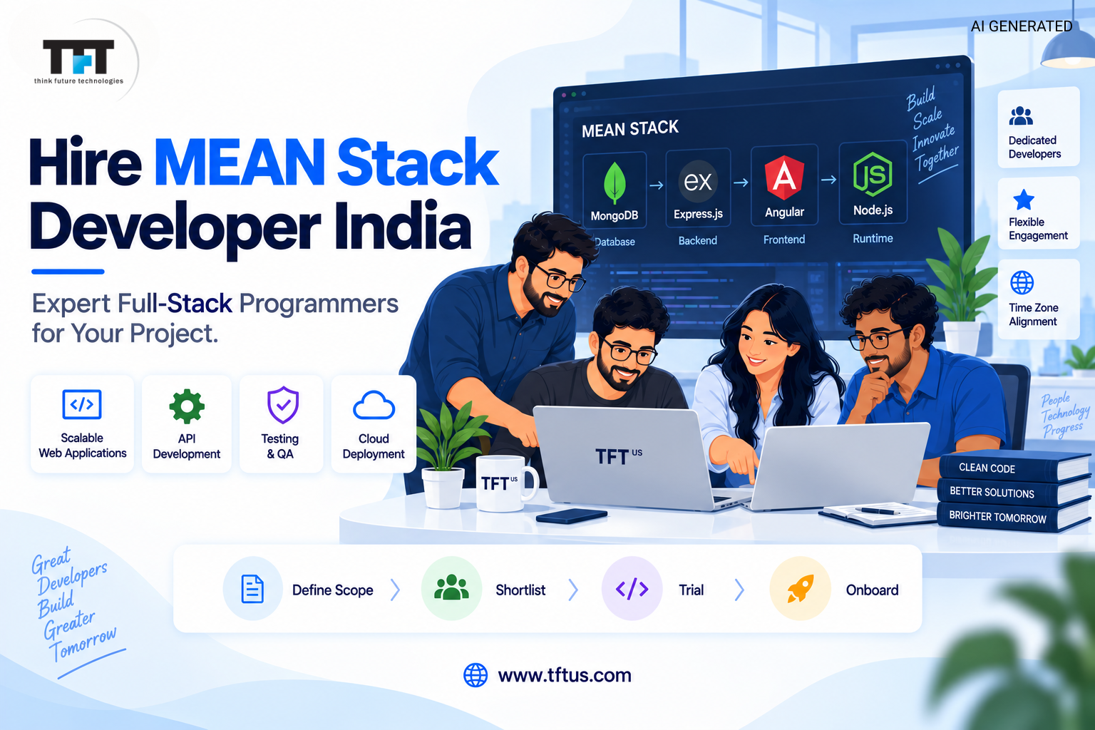 Hire MEAN Stack developers in India illustration showing MongoDB, Express.js, Angular, and Node.js, with a collaborative development team, hiring workflow, and scalable web development services, with TFT US branding.