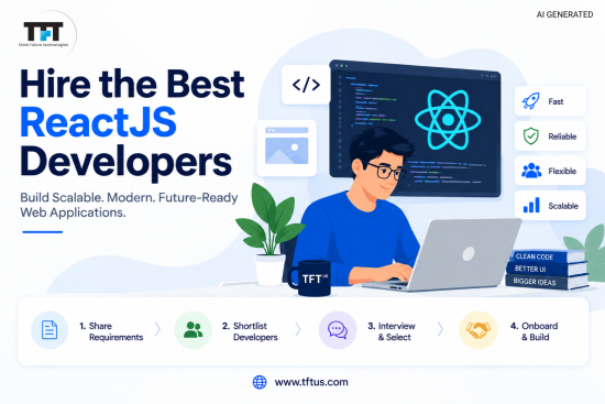 Featured image showing a ReactJS developer working on a laptop with the React logo, coding interface, and hiring process icons, highlighting fast, reliable, flexible, and scalable development with TFT US branding.