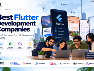 Banner titled "Best Flutter Development Companies - Top 8 Partners for US Businesses in 2026" by TFT (Think Future Technologies), featuring team members working at laptops alongside Flutter app displays, key service icons, and logos of top agencies including TFT, Very Good Ventures, Simform, Appinventiv, Mindinventory, Cleveroad, TechAhead, and RipenApps.[cite: 2]