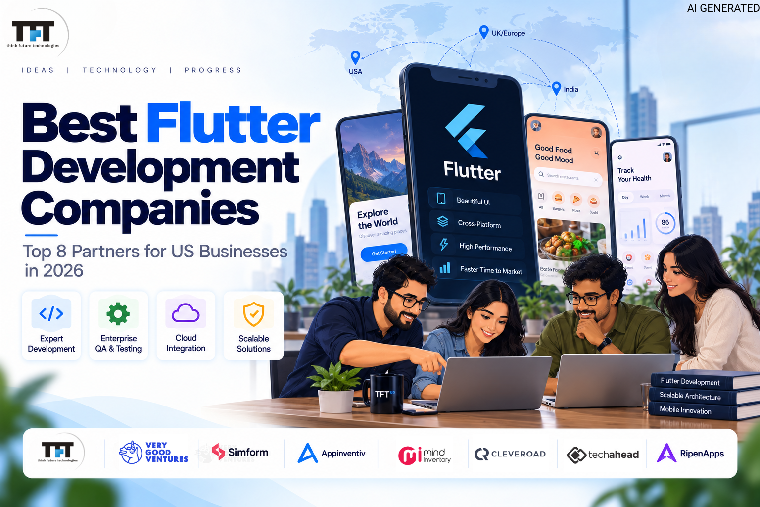 Banner titled "Best Flutter Development Companies - Top 8 Partners for US Businesses in 2026" by TFT (Think Future Technologies), featuring team members working at laptops alongside Flutter app displays, key service icons, and logos of top agencies including TFT, Very Good Ventures, Simform, Appinventiv, Mindinventory, Cleveroad, TechAhead, and RipenApps.[cite: 2]