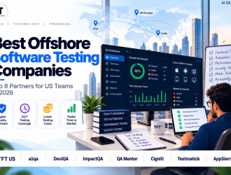 Infographic by TFT US titled "Best Offshore Software Testing Companies: Top 8 Partners for US Teams in 2026" featuring a QA professional working at a modern office desk with global dashboard analytics.