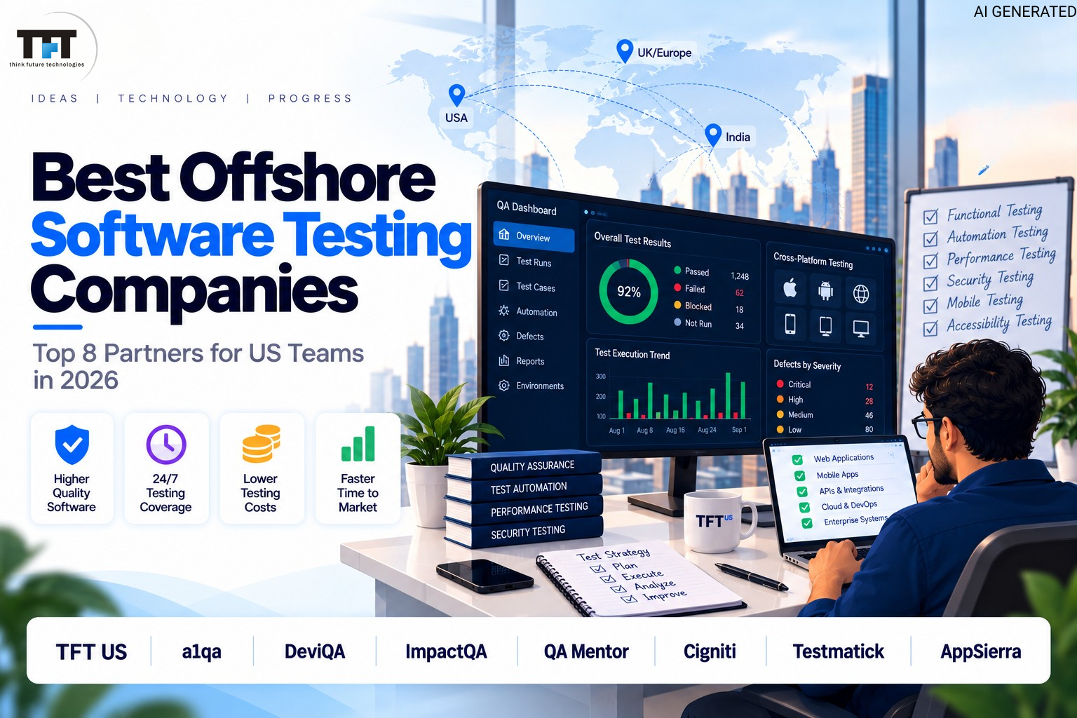 Infographic by TFT US titled "Best Offshore Software Testing Companies: Top 8 Partners for US Teams in 2026" featuring a QA professional working at a modern office desk with global dashboard analytics.